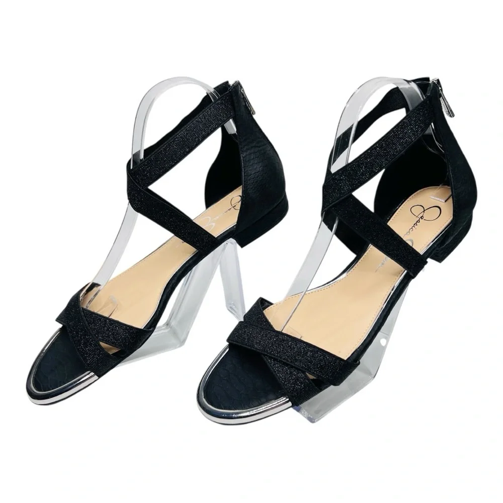 Jessica Simpson Aimlee Black /Silver Ankle Strap Block Low Heel Dressy Sandal